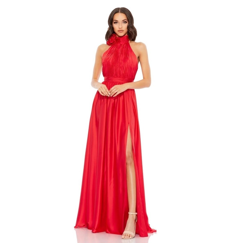 Mac Duggal 49333 Cherry Red Soft Tie Halter Neck High Slit Gown Size 16 NWT